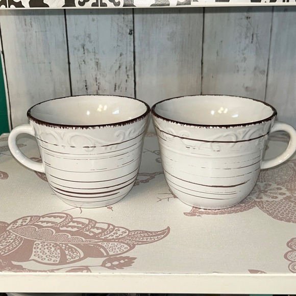 Pfaltzgraff Other - Pfaltzgraff Trellis White Coffee Mugs Set of 2 Farmhouse Stoneware Cups 3.5in
